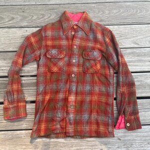 ** Vintage 1970s Richman Bros Red Green Plaid Wool Button Front Shirt S